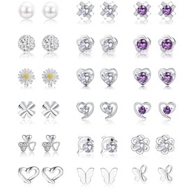 YADOCA 18 Pairs 925 Sterling Silver Stud Earrings Set for Women Girls Cubic Zirconia Studs Pearl Crystal Round Heart Shape Flower Butterfly Small Cartilage Stud Earrings Jewelry