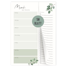 Menu Planner with Shopping List to Cut Off | Food Planner 50 Sheets | Notepad for Meals | Meal Plan for Family, Friends, Flatsharing, Diet | DIN A5 Pad (Eucalyptus)