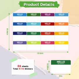 Pacific Mailer Name Tag Stickers 2"x3" Name Tags Hello My Name is Stickers Colored Name Tags for School Office Home Meeting, 416 Labels