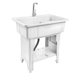31.5in(H) Freestanding Plastic Laundry Sink with Washboard,Outdoor Utility Sink with Washboard Faucet Drain Kit,Hoses Drain Kit for Laundry Room Garage Basement Garden(White)