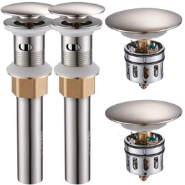 REGALMIX Bathroom Sink Drain with Overflow, Brushed Nickel Pop Up Drain 2 Pack, All Metal Bathroom Sink Stopper for Vanity Vessel Sink, Stainless Steel and Brass, RM083J-P2