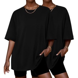 Ekouaer 2 Pack Womens Pajama Tops Short Sleeve Oversized T Shirts Summer Spring Tops 2025 Basic Casual Tee Top Black/Black XXL