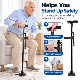 Folding Walking Cane for Seniors with LED Light, Alarm & 4-Foot Base – Adjustable Travel Cane