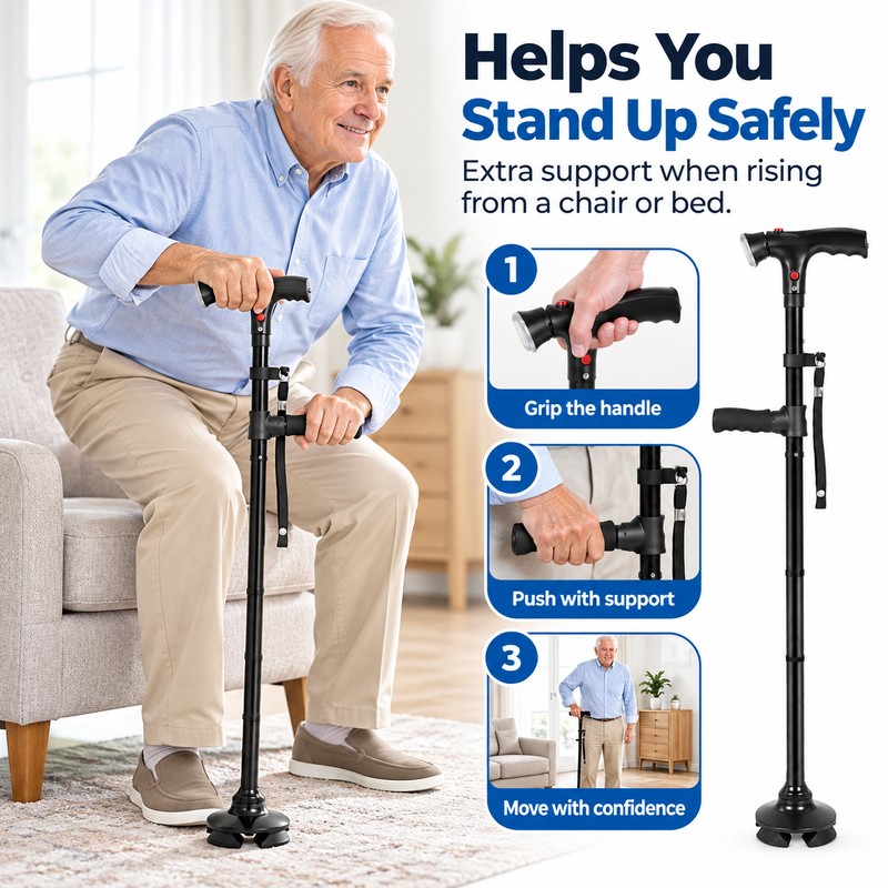 Folding Walking Cane for Seniors with LED Light, Alarm &