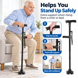 Folding Walking Cane for Seniors with LED Light, Alarm & 4-Foot Base – Adjustable Travel Cane
