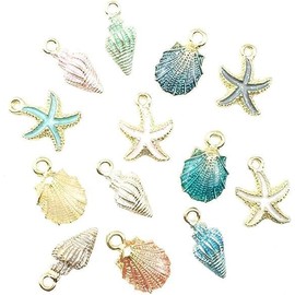 Pack of 13 Seashell Lockets of Starfish and a Combination of Random DIY Exotic Jewellery Pendants for Female Gemstones: A Handmade Barrier Enamel Technology and Artistic SC, Non-precious metal