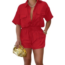 Euulin Women’s Two Piece Lounge Tracksuit Outfit Set Lightweight Button Down Shirt and Drawstring Casual Shorts Sets Red XL