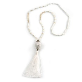 Avalaya Stylish Snow White Glass Bead Cotton Tassel Necklace/ 72cm L/ 14cm Tassel