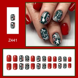 Christmas Press on Nails Short Square Fake Nails Dark Green False Nails Press ons with Designs Winter Snowflake Star Full Cover Glossy Glue on Nails Acrylic Stick on Nails for Women Manicure 24 Pcs