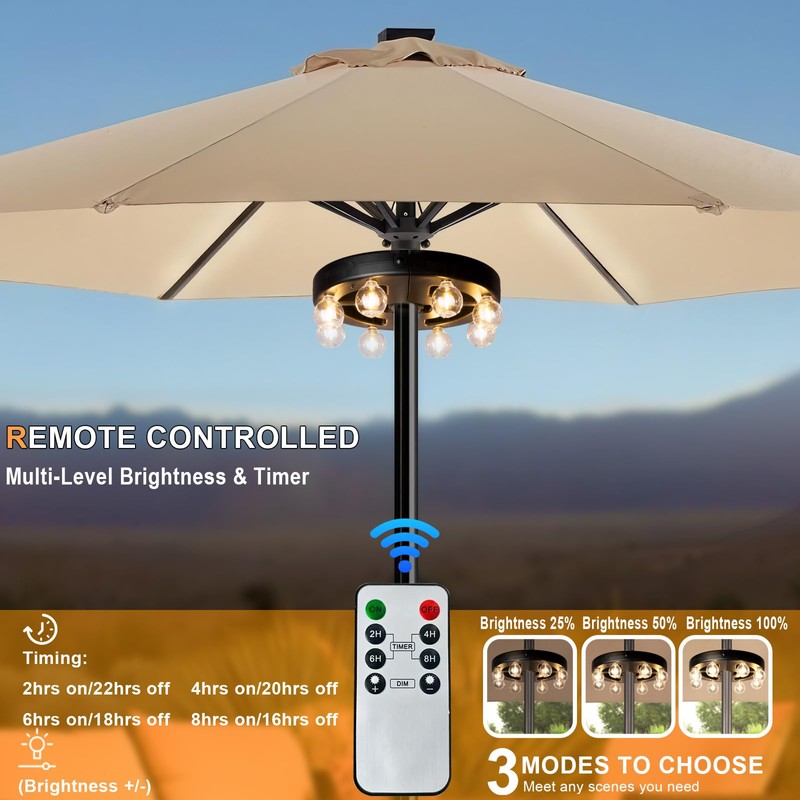 Umbrella Lights Outdoor Patio, Rechargeable Cordless with Dimmer &Timer, 8