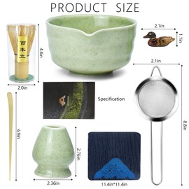 Artcome 7-Piece Matcha Tea Set - Complete Japanese Ceremony Kit with Bowl, Whisk, Scoop, Strainer & Guide, Mottled Light Green