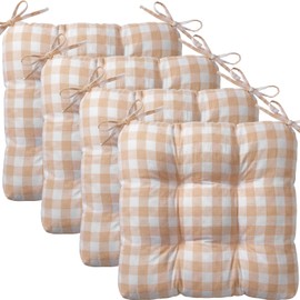 Geetery 4 Pack Chair Cushions for Dining Chairs, 16" x 15" Khaki and White Kitchen Chair Cushions with Ties Buffalo Plaid Soft Comfy Seat Pads for Home Office Living Room Outdoor Indoor