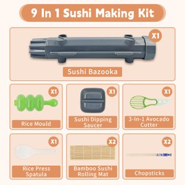 YFPOPONE Sushi Making Kit 9 Pcs, Beginner Sushi Set DIY Sushi Kit, Sushi Maker Includes Onigiri Mould Sushi Bazooka（Grey, Sushi Plate for Dipping Saucer, Sushi Set for Home Kitchens