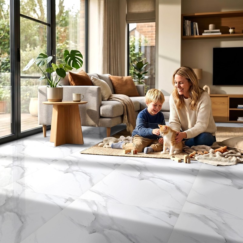 DEXDE Peel and Stick Floor Tile White Marble Waterproof 2FTx2FT