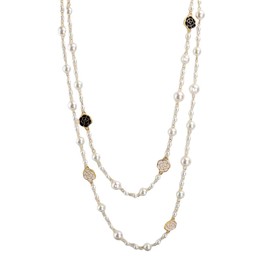 Long White Flower Pendant Neckalce for Women Girls Retro Dainty Layered Imitation Pearl Chain Necklace Black Enamel Cherry Camellia Blossom Sweater Chain Waist Belly Chain Jewelry