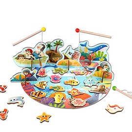 TOOKYLAND Magnetic Wooden Fishing Game with Jigsaw Puzzle Fishing Pool for Toddler Age 3+, Including 20 Colorful Fishes,3 Wood Poles and 1 Bucket for Storage