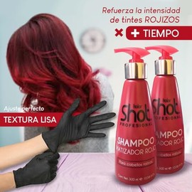Kit Shampoo Matizador Rojo Sin Parabenos Kolor Shot 2pzs Matiza e Intensifica tonos Rojos y Caobas proporcionando Brillo y Sedosidad Incluye Par de Guantes Negros de Látex ALFAMAR
