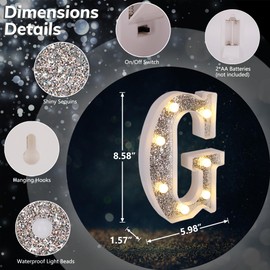 Marquee Light Up Letters, Glitter Silver LED Letter Lights Battery Powered Alphabet Letter Sign for Night Light Wedding Birthday Party Cafe Bar Decoration Girls Room Decor - Letter G