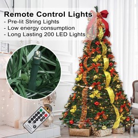 6.5FT Pop Up Christmas Tree with 200 Lights & Remote, Pre-Lit Pre-Decorated Christmas Tree with Christmas Ball Ornaments Bows Ribbon Christmas Decorations