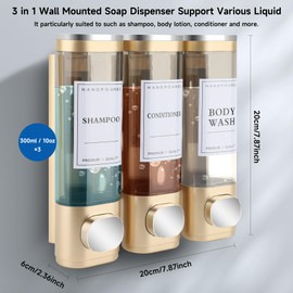 MEKOTRIN Shampoo and Conditioner Dispenser, Shower Soap Dispenser Wall Mounted 3 Chamber 300ml, Refillable Hand Soap Dispensers, Body Wash Dispenser for Bathroom Kitchen Hotel Home 5 Colors(Gold)
