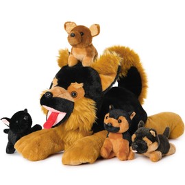 MorisMos 5 Pieces Dog Cuddly Toy XXL Set, 50 cm Long Giant Shepherd Cuddly Toy with 4 Babies in the Stomach, Large Dog Plush Toy XXL, Brown Plush Dog Teddy Gift Children Baby
