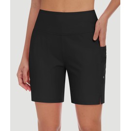 DIBAOLONG Women's Swim Shorts 7" High Waisted Quick Dry UPF 50+ Beach Board Shorts for Women with Liner & Pockets Black L