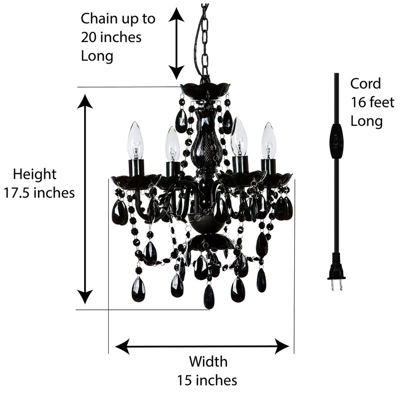 Plug-in 4 Light Black Hanging Swag Chandelier H17.5”xW15”, Black Metal