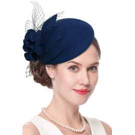 ELLYDOOR Wool Fascinator Pillbox Hat Winter British Wool Felt Hat for Women Wedding Church Hat Flower Fedoras Dark Blue