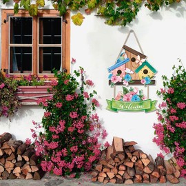 Ausril Spring Welcome Sign for Front Door,Spring Door Hanger,Birdhouse Wall Decor,Blooming Flowers Butterfly Wall Sign,Garden Floral Hanging Decor,Bird Wood Sign for Outdoor Home Porch Farmhouse Yard
