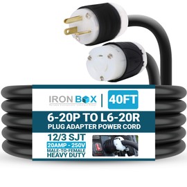 IronBox Electric 6-20P to L6-20R Plug Adapter Power Cord - 20A, 250V, 12/3 SJOOW- UL Listed Power Cord Extension Cable - Heavy Duty Plug and Connector for Generator, Data Centers & More (40ft, Build)