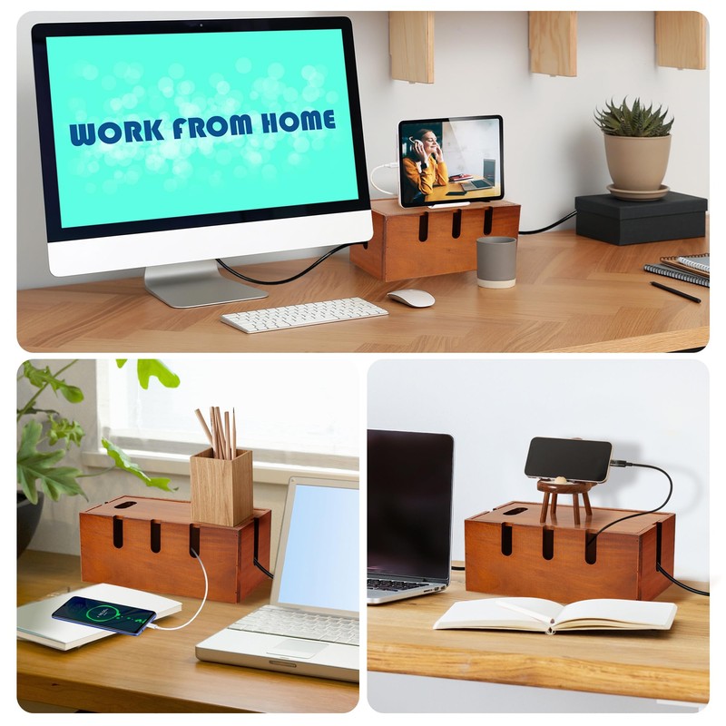 Axincardarm Wooden Cable Management Box Wood Cable Storage Organizer, Desk