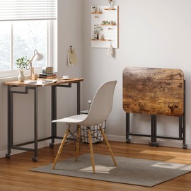 JSB 23.6" Small Folding Desk, White Mobile Computer Desk with Wheels, Home Office Study Writing Desk Laptop Cart Table for Small Space Saving (Rustic & Brown)