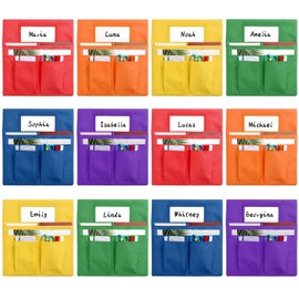 12 Pcs Small Chair Pockets for Classroom 13 x 14 Inch Seat Sacks with Name Tag Multi Pockets k-2 Back of Chair Bag Cover Pouches Organizer for Primary School Kindergarten Home Supplies