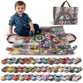 Varrotoy 40 PCS Kids Pull Back Toy Cars with Play Mat,Mini Racing Cars Toy Set,Friction Powered Vehicles,Play Vehicles Set for Boys and Girls 3 4 5 6 7 Years Old