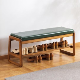 latifolia Shoe Bench, Solid Wood Shoe Bench with Cushion, 2 Tier Shoe Storage Bench for Entryway, Hallway, Living Room(Green,39.70''L)