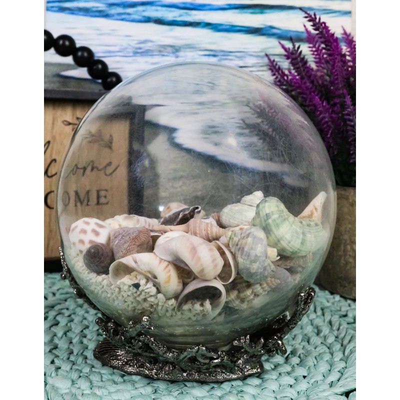 Nautical Marine Sea Shells Glass Globe Ball On Silver Coral