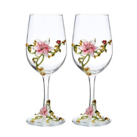MEIGLQEA Wine Glasses Set of 2, Handcrafted Enamel Flower Red Wine Glasses Champagne Glasses Pretty Floral Goblets for Women Mom Friends Mothers Wife Valentines Day (Pink)