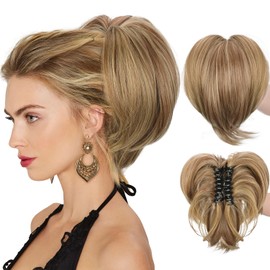 Rosooi Claw Clip Messy Bun Hair Piece Short Ponytail Extension with 3 Bendable Metals Wires Synthetic Wavy Curly Fake Hairpieces for Women DIY Full Easy Bun (Ash Blonde mix Light Brown)