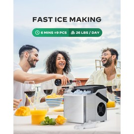 Silonn Countertop Ice Maker - 9 Cubes Ready in 6 Mins, 26lbs in 24Hrs, Portable Ice Machine with Self-Cleaning, 2 Sizes of Bullet Ice for Home/Kitchen/Party/RV, Stainless Steel