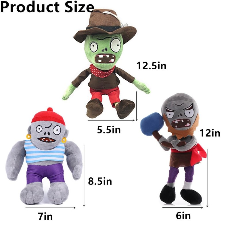JHESAO 3 PCS Plants and Zombies Plush: Hammer, Cowboy &