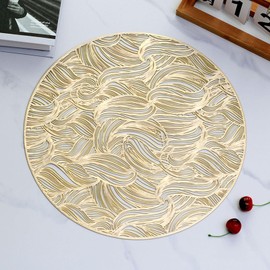 ANAZOZ Round Placemats Set of 6,Placemat PVC 14.97 IN,Round with Leaf Pattern Gold Placemat Small