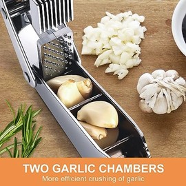 Prensa y rebanadora de ajo 2 en 1, aplasta, rebana, y pica ajo sin esfuerzo, con esta versátil herramienta de cocina, perfecta para cocineros caseros y chefs profesionales por igual. (Pearl White)