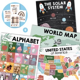 Hadley Designs 4 Farmhouse Pre K Learning Posters For Toddlers 1-3 - ABC Posters, 6 Diversity Posters For Classroom Decor, Solar System Poster For Kids Maps, In This Classroom Poster