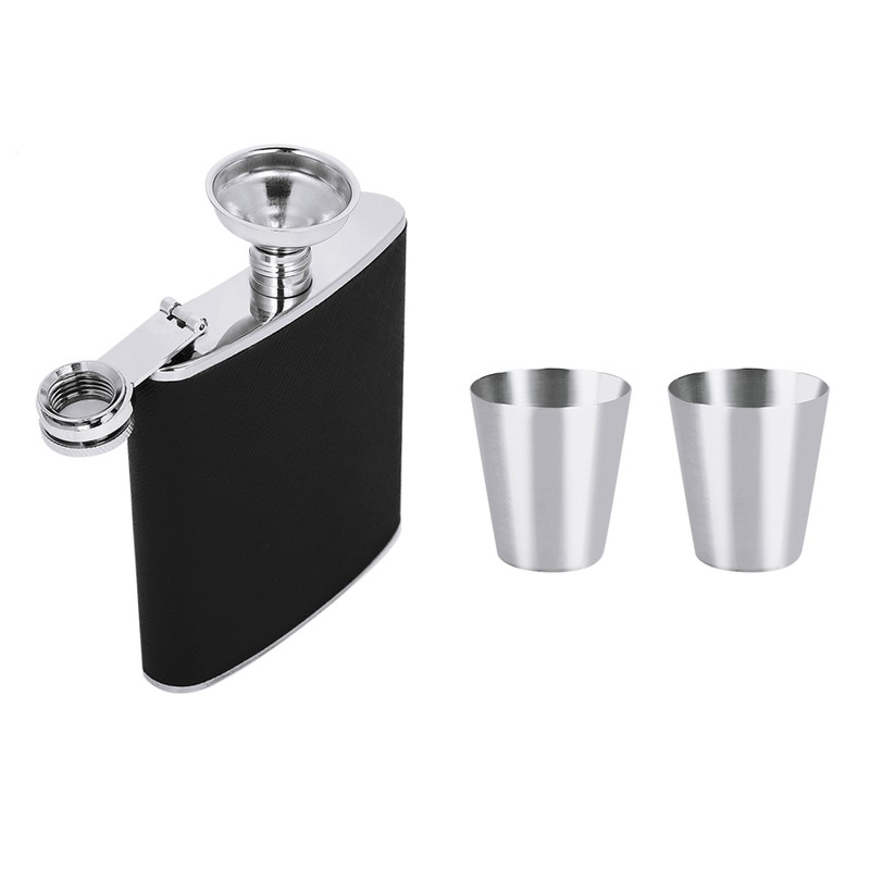 Stainless Steel Hip Flask Black Leather Funnel with Two Wine