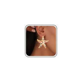 Sttiafay Exaggerate Large Starfish Earrings Gold Starfish Dangle Earrings Summer Beach Ocean Star Earring Colorful Crystal Star Earring Jewelry for Women