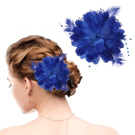 WLLHYF Women's Feather Flower Hair Clip Elegant Hat Flower Mesh Ribbons Brooch Pin Hair Accessory Fascinator Headpiece Floral Corsage for Women and Girls Birthday Wedding Party (Royal Blue)