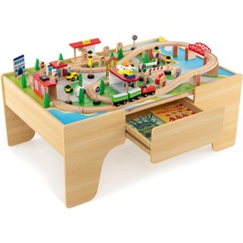 Costzon Train Table, 3-in-1 Wooden Train Set Table with Reversible 84 PCS Track Train Toys, Table Map & Storage Drawer for Building, Playing, Studying, Eating, Kids Activity Table for Toddlers Aged 3+