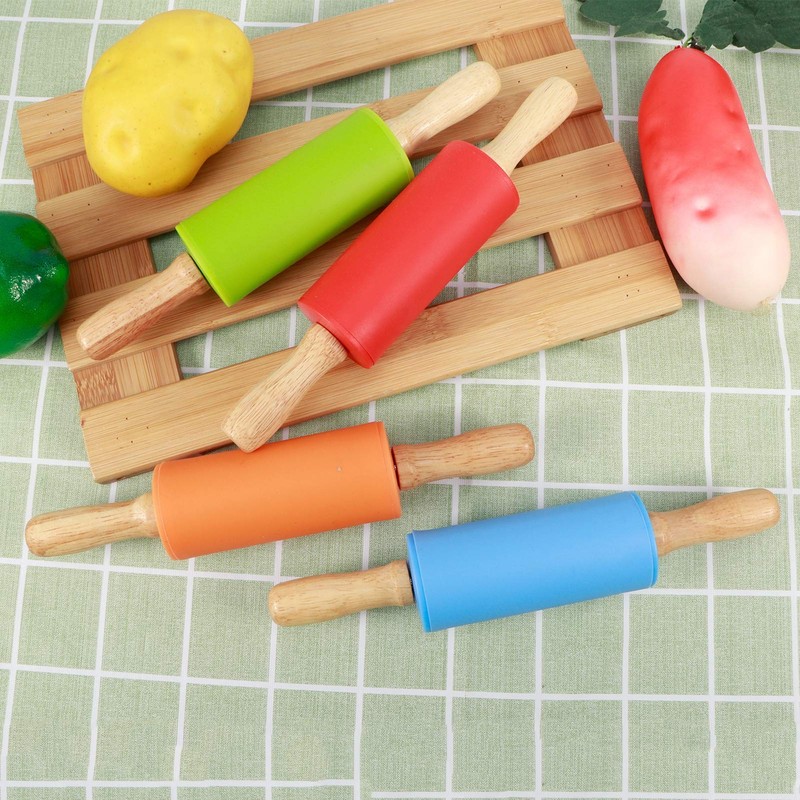 4PCS Rolling Pin NonStick Silicone Mini Wooden Handle Rolling Pins