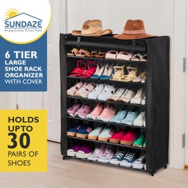 Sundaze Shoe Rack with Cover - 6 Tier Shoe Rack for Front Door Entrance, Sturdy Tall Shoe Organizer for Bedroom, Closet, Garage, Non Woven Fabric Shelf, Black, Holds Up to 30 Pairs