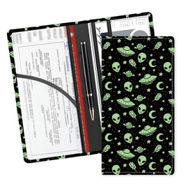 ADUQLZUX Leather Car Registration and Insurance Card Holder, Cute Car Accessories Vehicle Glove Box Car Organizer for Documents, Cards, License Cute Green Aliens